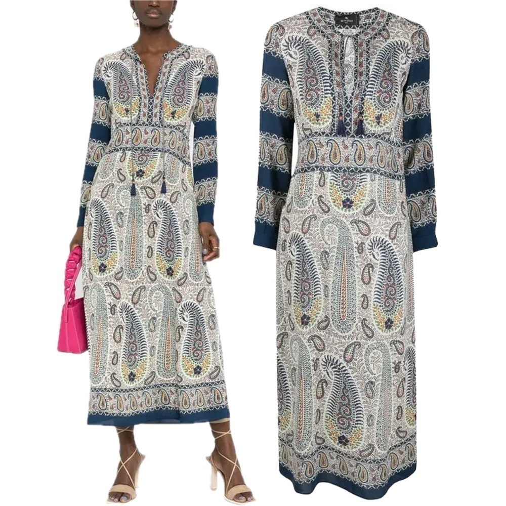 ETRO Mosaic Paisley White and Navy Print Tassel Long Sleeve Maxi Boho Dress